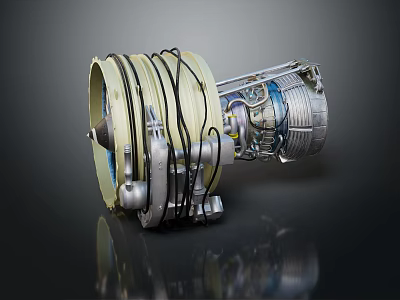 High Performance Turbofan Engine With Large Fan Blades Metallic Casing And Connected Cables 3d model
