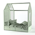 House Shaped Kids Bed with Blue Wooden Frame Roof Railings Storage Drawers and Cozy Pillows
