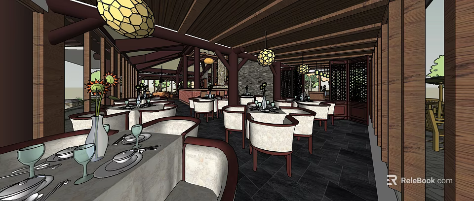 Cozy Restaurant Interior With Wooden Ceiling Pendant Lights White Seats And Dark Floor Tiles 3d model 
