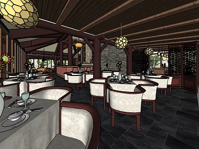 Cozy Restaurant Interior With Wooden Ceiling Pendant Lights White Seats And Dark Floor Tiles 3d model