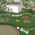 Outdoor Playground With Green Lawn Trees Circular Pavement Seats And Colorful Facilities