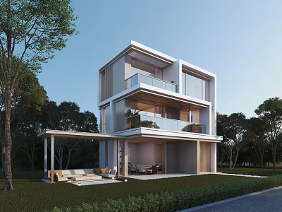 Modern Multi Storey Detached Villa With Glass Facade Balconies And Lush Green Surroundings 3d model