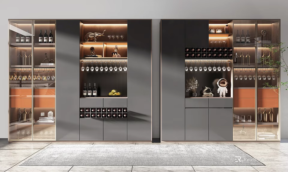 Modern Wine Cabinet With Multiple Shelves Wine Bottles Glasses And Decorative Items 3d model 
