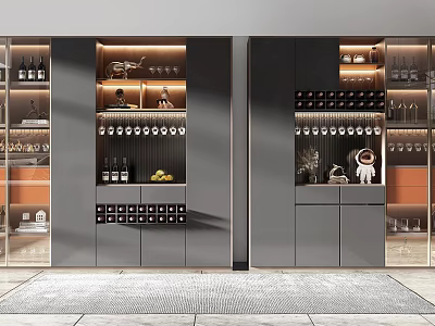 Modern Wine Cabinet With Multiple Shelves Wine Bottles Glasses And Decorative Items 3d model