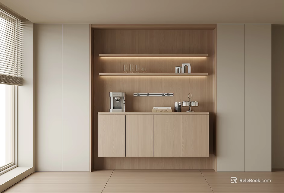 Modern Wooden Sideboard With Open Shelves LED Lighting Coffee Machine And Wine Glasses 3d model 