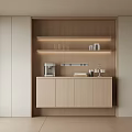 Modern Wooden Sideboard With Open Shelves LED Lighting Coffee Machine And Wine Glasses