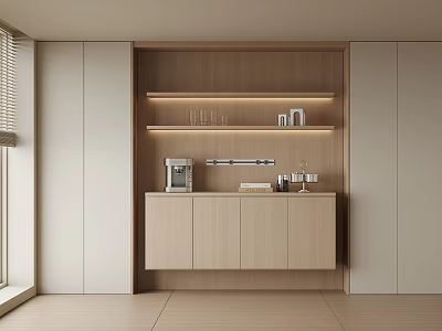Modern Wooden Sideboard With Open Shelves LED Lighting Coffee Machine And Wine Glasses 3d model
