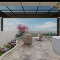 Rooftop Garden Terrace With Spiral Staircase Rattan Furniture Pink Blossoms And Blue Sky