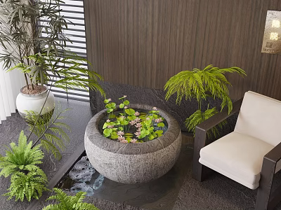 Indoor Courtyard Aquatic Plants In Stone Basin With Water Lilies And Green Ferns 3d model