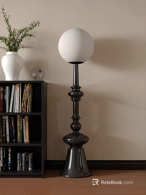 Modern Black Floor Lamp With White Shade Next To Bookshelf Vase And Books 3d model 