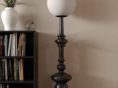 Modern Black Floor Lamp With White Shade Next To Bookshelf Vase And Books 3d model