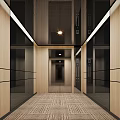 Sleek Modern Elevator Hall Interior With Spacious Layout Patterned Carpet And Wooden Panel Walls 3d model