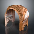 Wooden Arched Architectural Structure With Intricate Carvings And Stained Glass Windows
