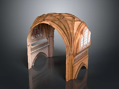 Wooden Arched Architectural Structure With Intricate Carvings And Stained Glass Windows 3d model