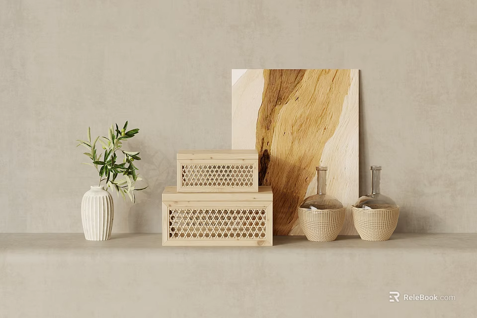 Minimalist Decorative Ornament Set With White Vase Green Plant Wooden Lattice Boxes And Woven Bottles 3d model 