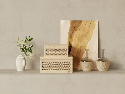 Minimalist Decorative Ornament Set With White Vase Green Plant Wooden Lattice Boxes And Woven Bottles 3d model