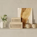 Minimalist Decorative Ornament Set With White Vase Green Plant Wooden Lattice Boxes And Woven Bottles