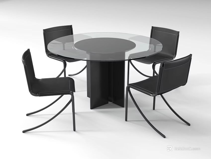 Modern Round Glass Top Dining Table Set with Black Base and Four Leather Chairs 3d model 