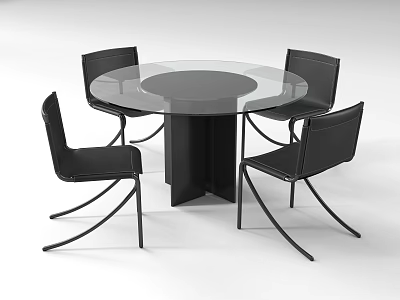 Modern Round Glass Top Dining Table Set with Black Base and Four Leather Chairs 3d model