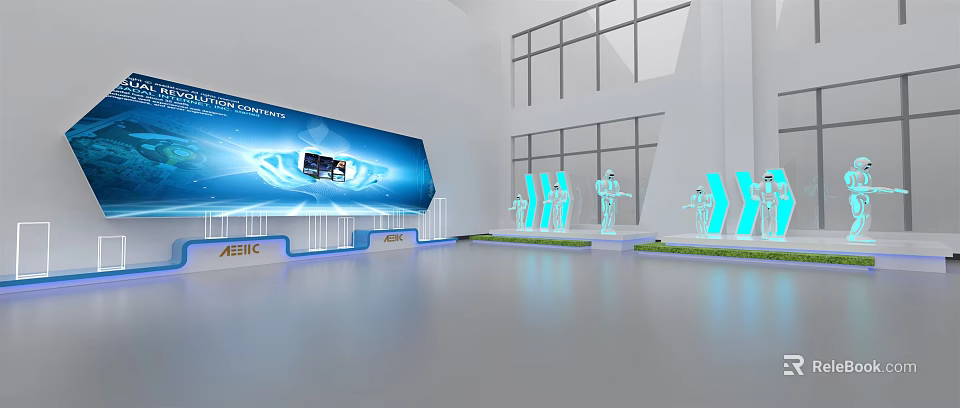 Modern Tech Exhibition Hall With Large Screen Blue Lighting And Humanoid Models 3d model
