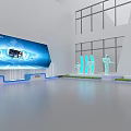 Modern Tech Exhibition Hall With Large Screen Blue Lighting And Humanoid Models 3d model