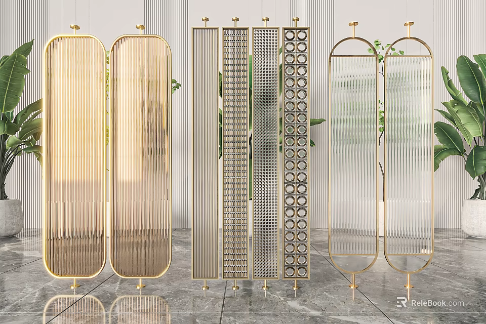 Elegant Modern Room Dividers With Gold Metal Frame Glass Panels And Geometric Patterns 3d model 
