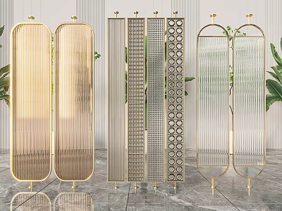 Elegant Modern Room Dividers With Gold Metal Frame Glass Panels And Geometric Patterns 3d model