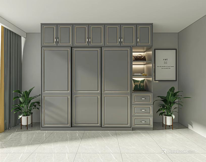 Modern Gray Wardrobe Interior Design With Drawers Potted Plants And Decorative Painting 3d model 