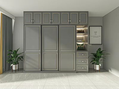 Modern Gray Wardrobe Interior Design With Drawers Potted Plants And Decorative Painting 3d model