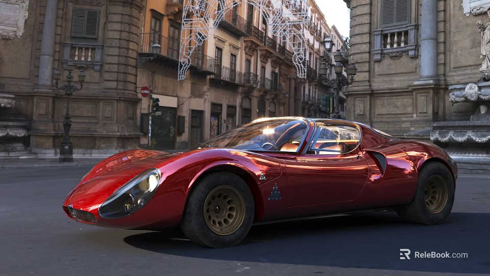 Red Sports Car Parked On Historic Street With Ancient Buildings And Decorative Lights 3d model 