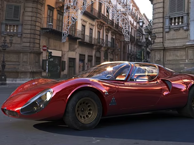 Red Sports Car Parked On Historic Street With Ancient Buildings And Decorative Lights 3d model