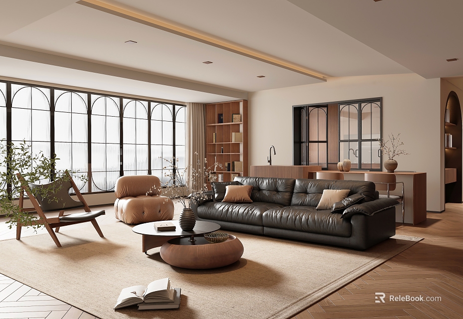 Modern Living and Dining Room Interior with Large Windows Black Leather Sofa and Wooden Furniture 3d model 