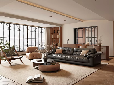 Modern Living and Dining Room Interior with Large Windows Black Leather Sofa and Wooden Furniture 3d model
