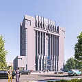 Modern Office Building Exterior Design With Blue Sky White Clouds Green Lawn And Pedestrians