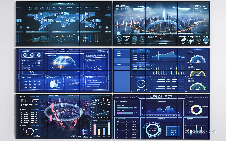 Data Visualization Dashboards with World Map City Skyline Charts and Graphs for Business Monitoring 3d model 