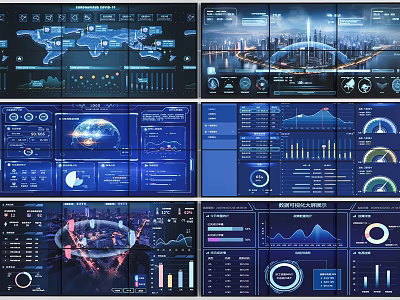 Data Visualization Dashboards with World Map City Skyline Charts and Graphs for Business Monitoring 3d model