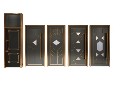 Modern Style Swing Doors With Gold Frames Black Panels And Geometric Patterns 3d model