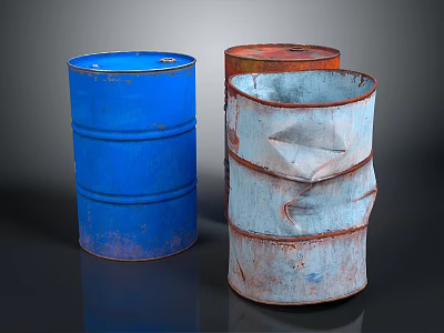 Colorful Rusty Oil Drums With Blue Red And Weathered Metal Surfaces 3d model