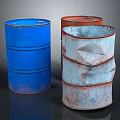Colorful Rusty Oil Drums With Blue Red And Weathered Metal Surfaces