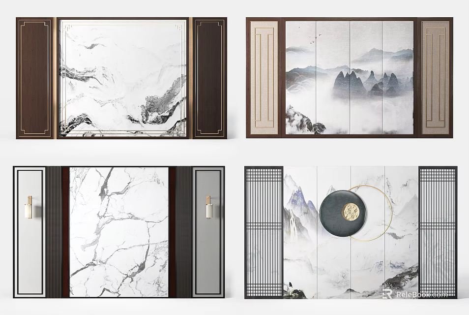Chinese Style Sofa Backdrop Wall With Landscape Painting Marble Texture And Wooden Frame 3d model 