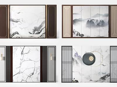Chinese Style Sofa Backdrop Wall With Landscape Painting Marble Texture And Wooden Frame 3d model