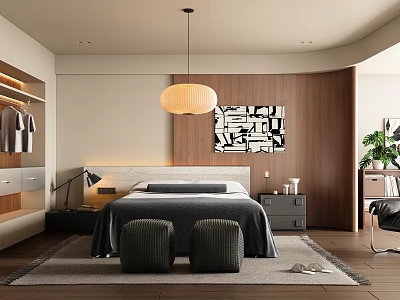 Modern Bedroom Interior Design Featuring Pendant Light Black White Abstract Painting Wooden Wall And Rug 3d model
