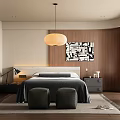 Modern Bedroom Interior Design Featuring Pendant Light Black White Abstract Painting Wooden Wall And Rug