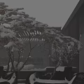 Snow Covered Outdoor Garden Landscape With Swimming Pool Colorful Floats Loungers And Wooden Pavilion