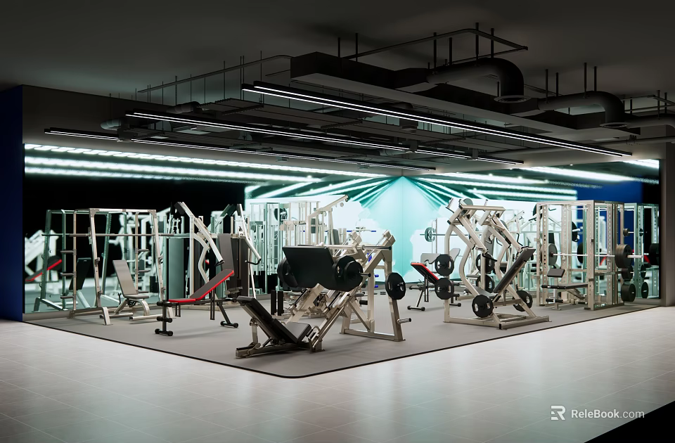 Modern Fitness Gym Interior With Various Workout Equipment And Training Machines 3d model 