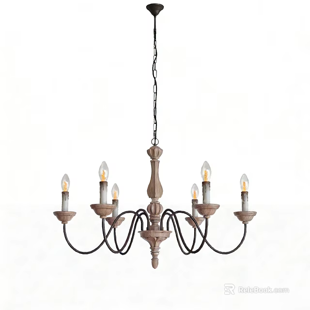 Rustic Chandelier With Wooden Frame Black Metal Arms And Six Candle Style Bulbs 3d model 