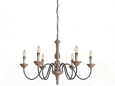 Rustic Chandelier With Wooden Frame Black Metal Arms And Six Candle Style Bulbs 3d model