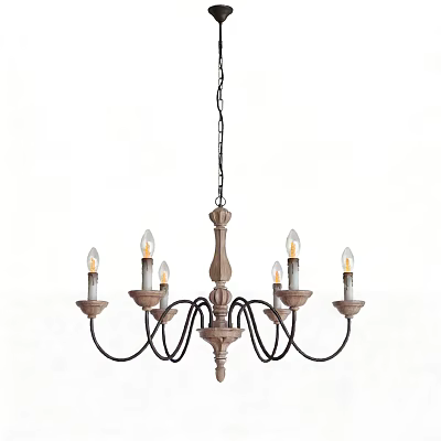 Rustic Chandelier With Wooden Frame Black Metal Arms And Six Candle Style Bulbs 3d model
