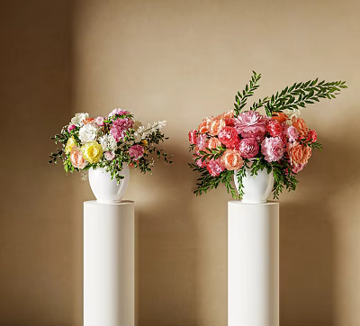 White Ceramic Vase With Colorful Pink Orange Yellow Flowers On Pedestals Against Beige Wall 3d model