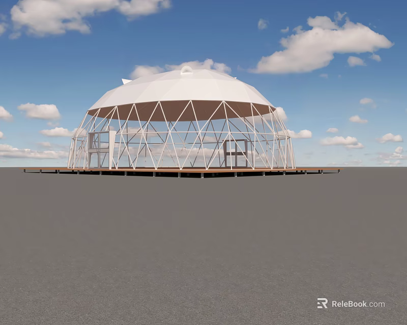 Dome shaped Glamping Lodge with White Metal Frame on Wooden Deck Under Blue Sky and Clouds 3d model 